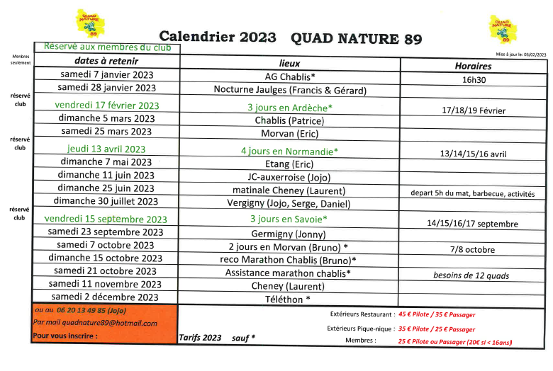 CALENDRIER DES RANDONEES QUAD NATURE 89