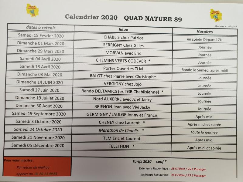 CALENDRIER DES RANDONEES QUAD NATURE 89